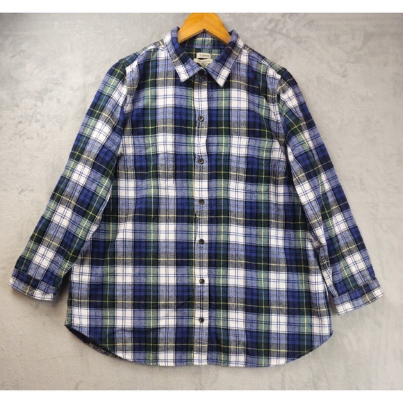 L.L. Bean Tops - LL BEAN Women's 1X Scotch Plaid Flannel Shirt Relaxed White Green Blue